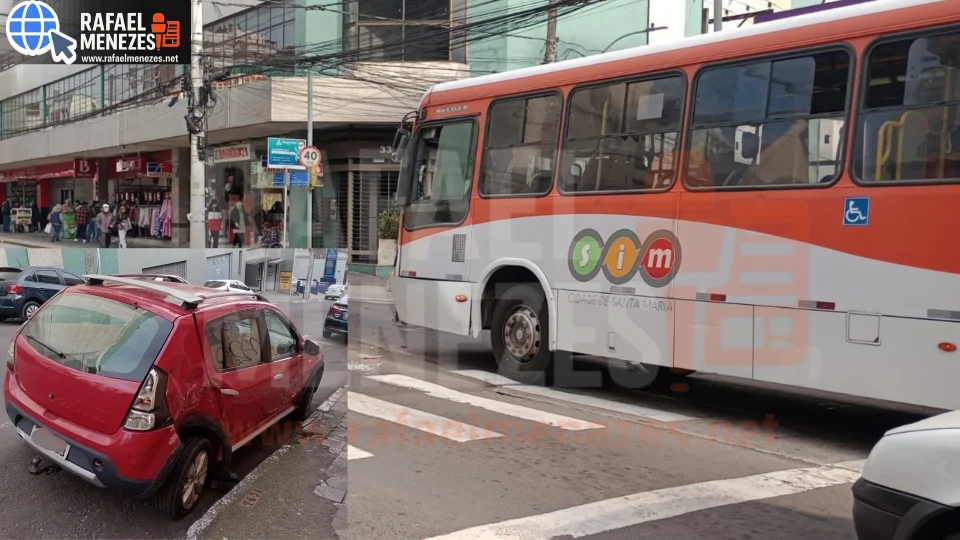 Colisão entre ônibus e carro deixa passageira ferida no Centro de Santa Maria